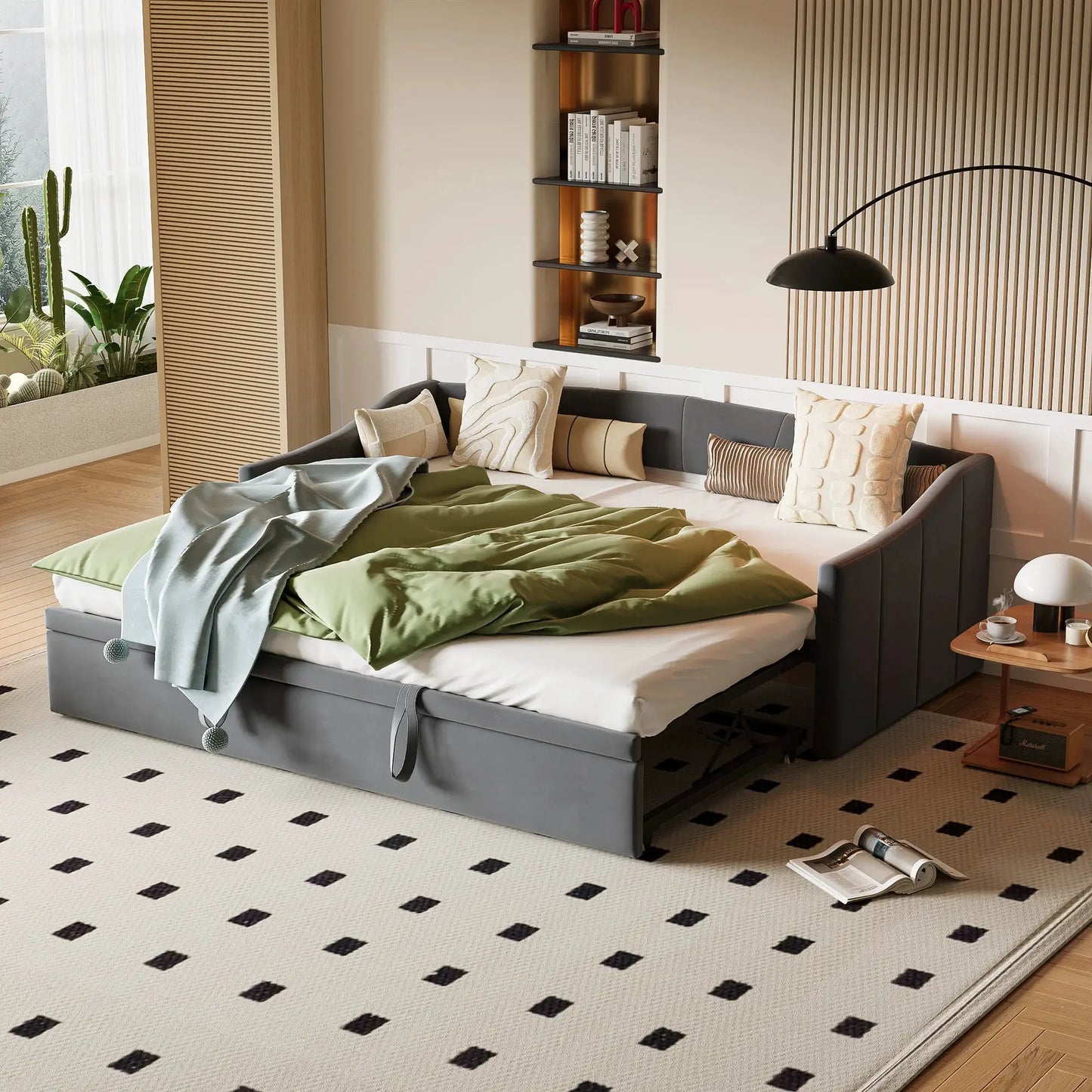 Schlafsofa Ausziehbar Mit Samtbezug Und Rückenlehne Grau