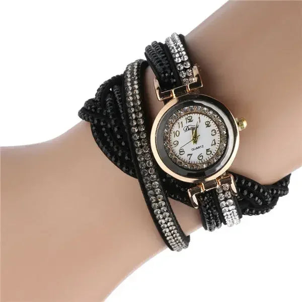 Damen-Uhr 2025: MOONBIFFY Fashion Casual Gold Quartz Women Rhinestone Watch - Braided Leather Bracelet Watch Gift Ladies Wristwatch Relogio Feminino Gift Collection
