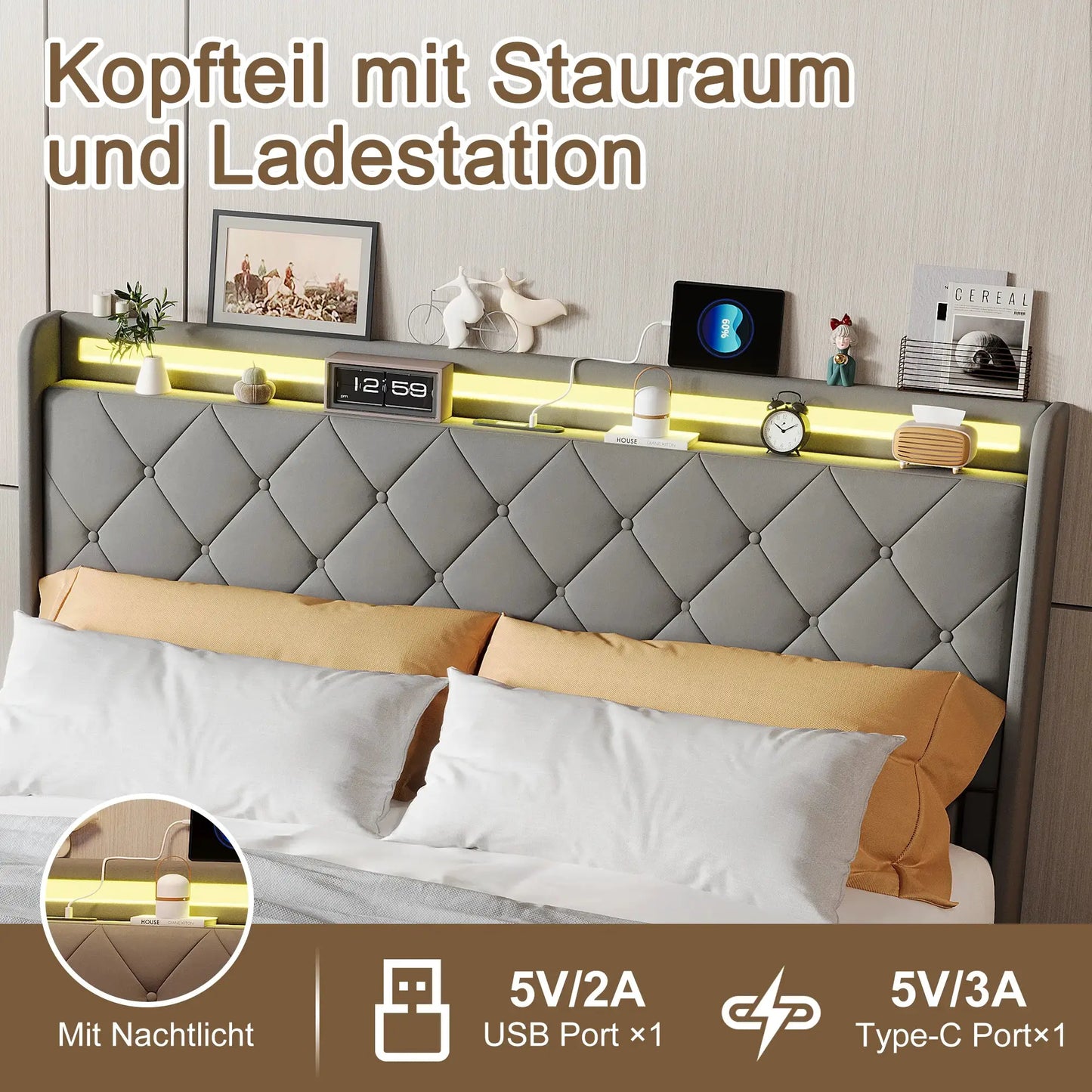 Gepolstertes Bett LED Beleuchtung USB Ladeanschluss Vier Schubladen