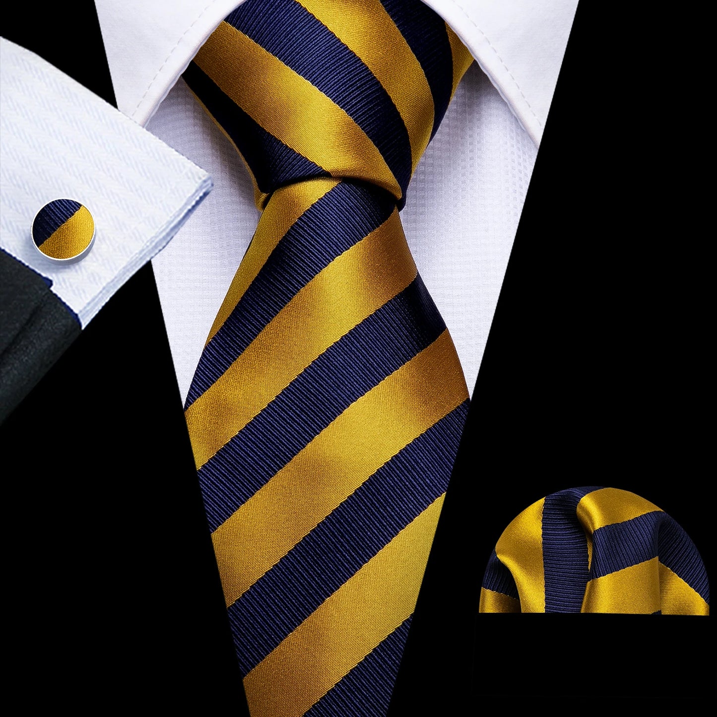 Fashion Silk Men Tie Set Gold Yellow Orange Solid Paisley Striped Plaid Floral Necktie Pocket Square Cufflinks Wedding Business
