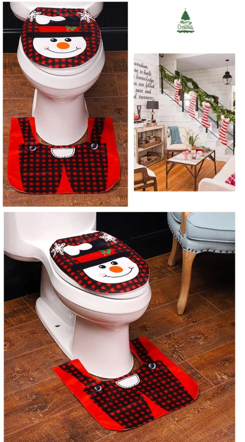 Santa Claus Snowman Toilet Two-piece Set Creative Cartoon Toilet Mat Toilet Seat Lid Cover Floor Carpet Set Christmas Decoration