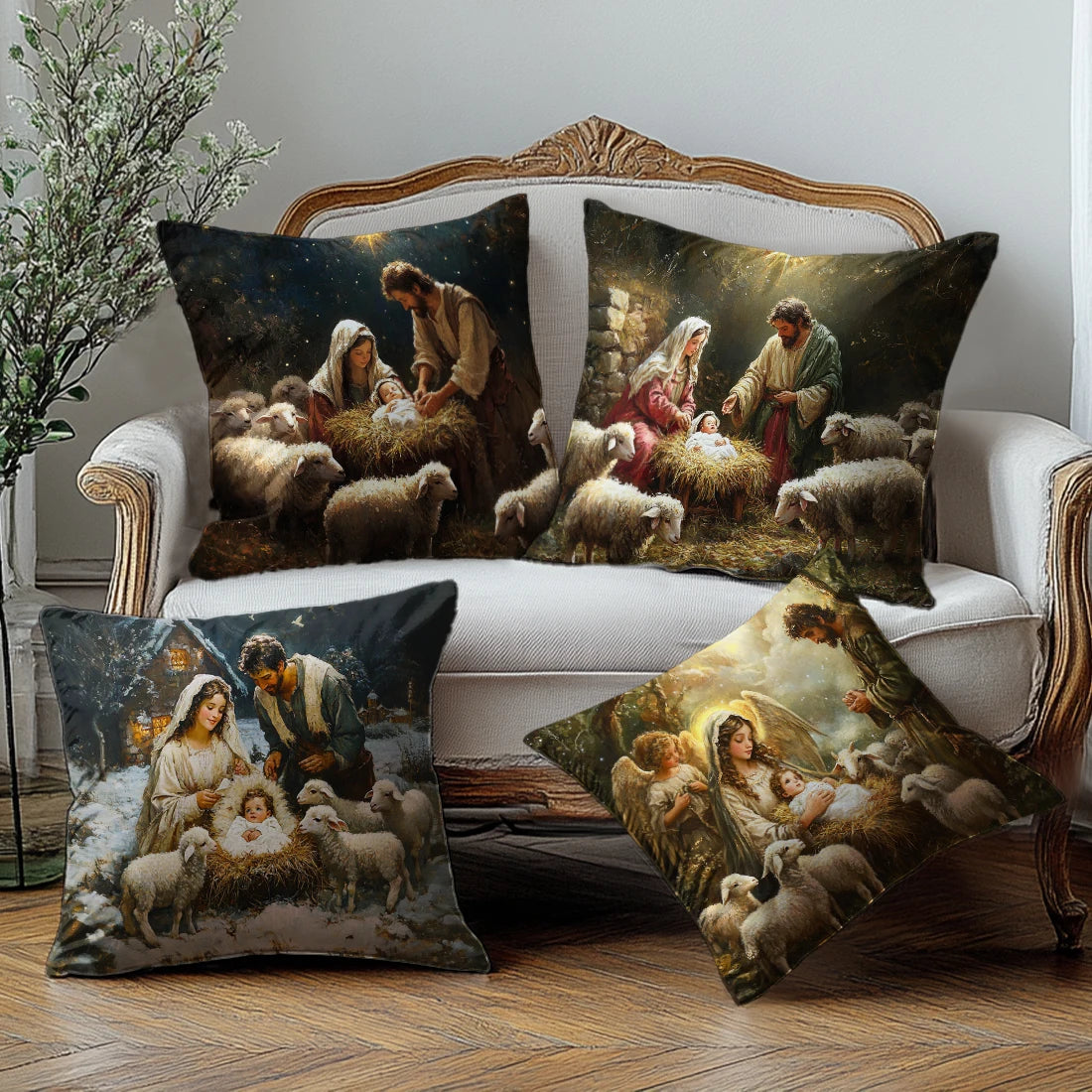 4/1PCS Christmas Throw Pillow Cover with Jesus Birth Design,45x45cm Soft Comfortable,forLiving Room SofasBedroom Christmas Decor