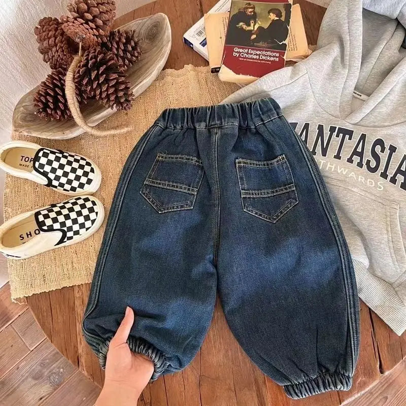 Jeans For 1-8Y Boys Autumn Winter Solid Spliced Cotton Kids Boys Trousers Fashion Velvet Thicken Children Boys Warm Jogger Pants