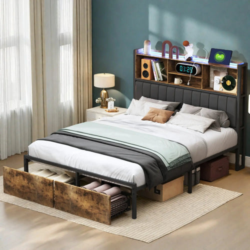 Metallbett 140x200 cm mit Stauraum im Kopfteil USB TypC