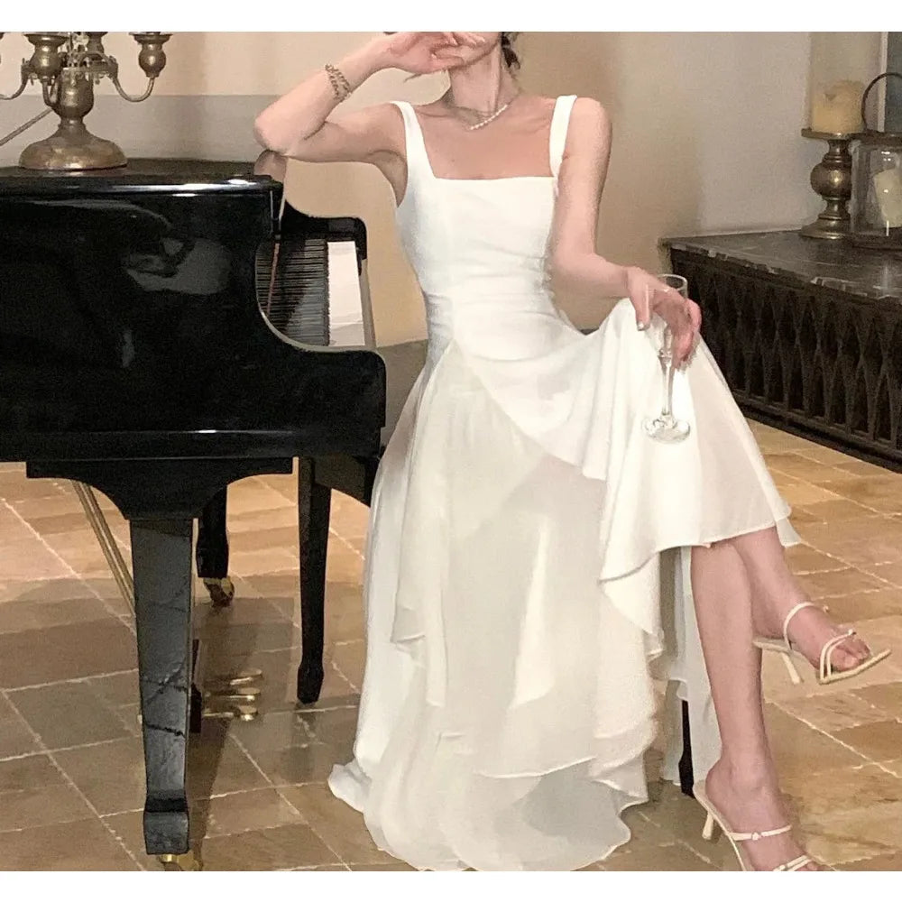 Elegant Dresses for Women Ruffles Sundress Evening Party Dress Sleeveless Square Collar A Line New Prom Robe Korean Vestidos