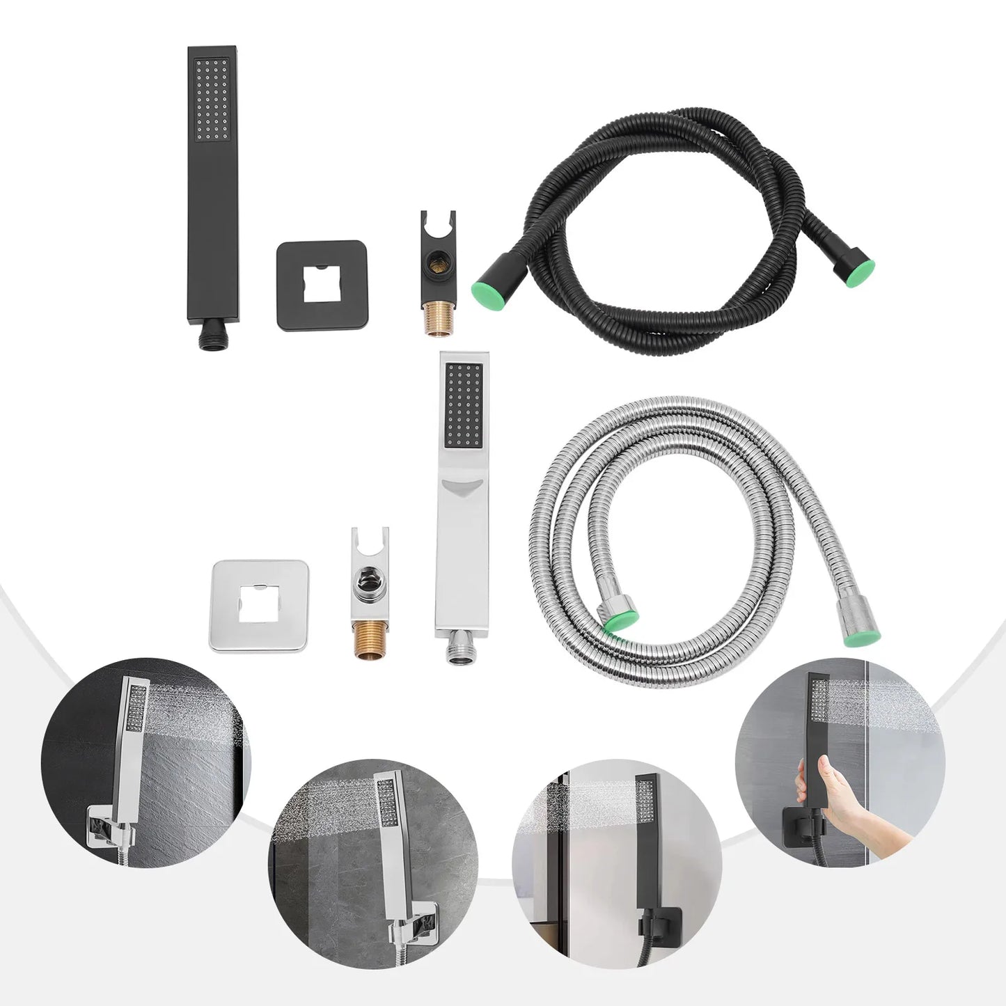 Mattschwarzes, geräuscharmes Duscharmaturen-Set mit Messing-Wandanschluss und Federschlauch