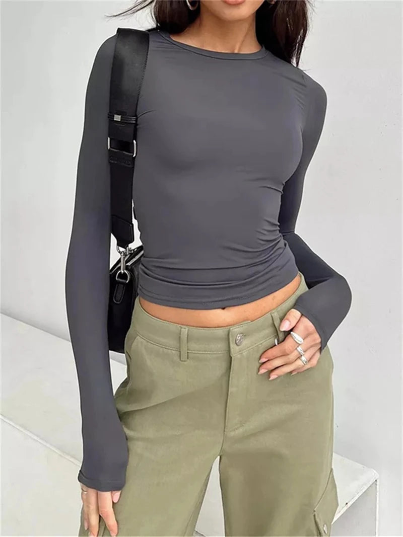 Women Long Sleeve T-Shirts Spring Autumn Slim Fit Casual Pullovers Female Streetwear O Neck Base Tops Tees Y2K Clothes T Shirt
