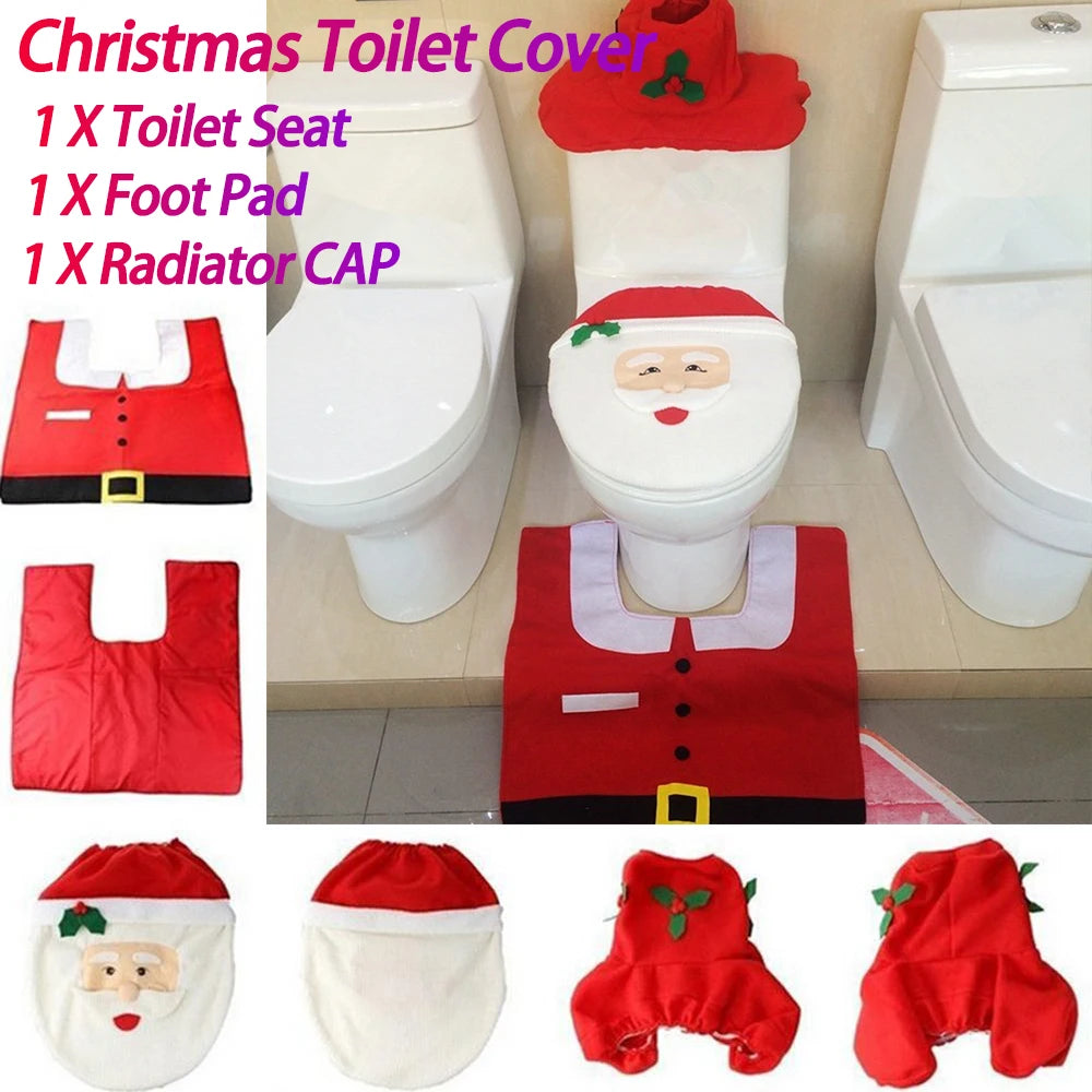 3PCS Christmas Toilet Seat Cover Creative 3D Xmas Cute Cartoon Santa Claus Toilet Cover for Bathroom Decor Supplies