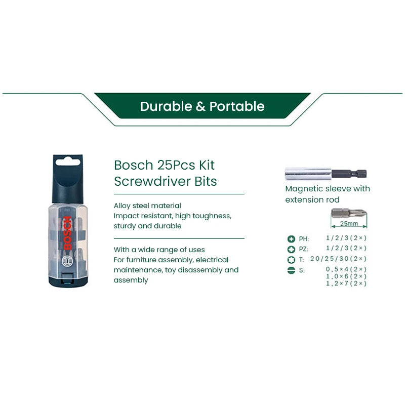 Biți de șurubelniță 2025: Bosch 25 buc. biți de șurubelniță electrică din oțel aliat, diametru 25 mm, set combinat, asamblare mobilă, jucărie, demontare, colecție