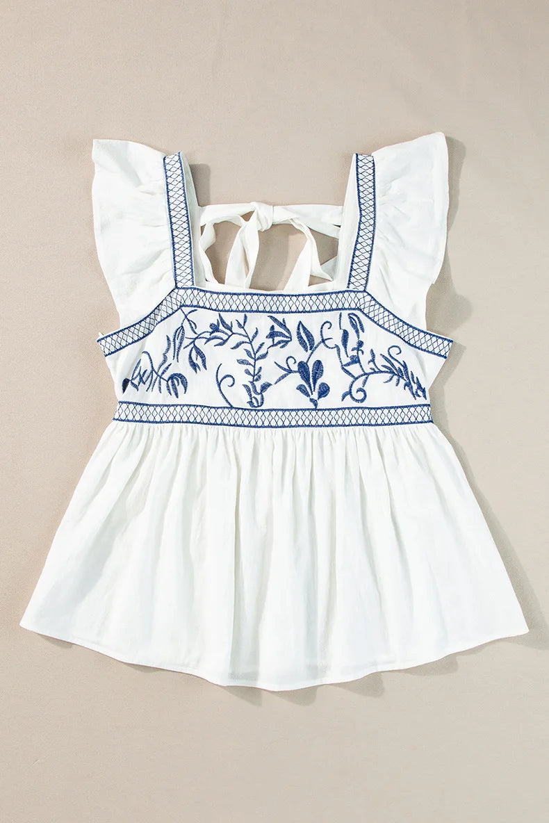 White Floral Embroidered Square Neck Peplum Blouse Shirts For Women Vintage Flying sleeves Casual Summer Boho Beach Ladies Tops