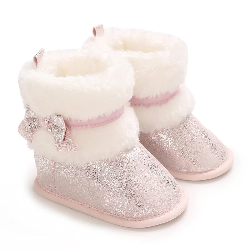 Baby-Schneestiefel für Mädchen, 2025, Winter, neue Baby-Baumwollschuhe, Mädchenmode, glänzende kurze Stiefel mit dicken Samt-Baumwollstiefeln