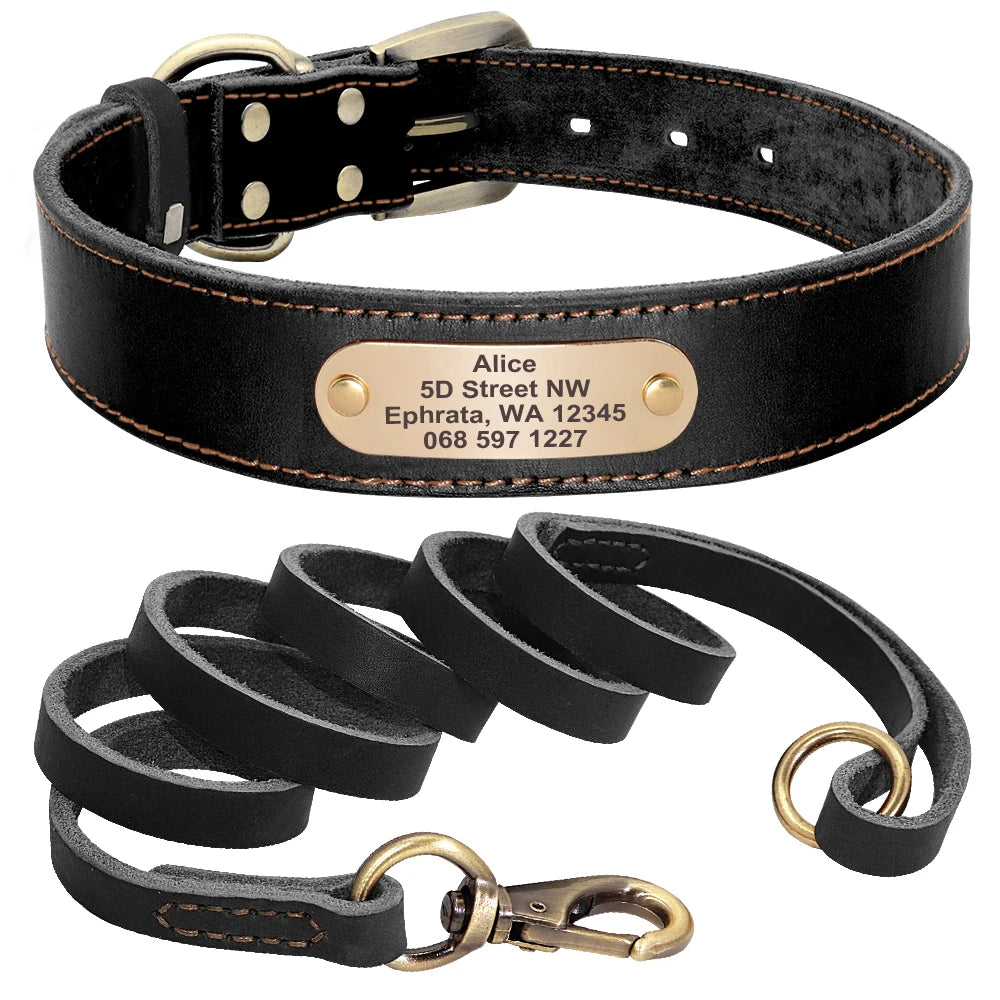 Anpassen Leder Hund Halsband Leine Set Personalisiert Haustier Halsband Leine Kostenlose Graviert Namensschild Für Kleine Mittlere Große Hunde