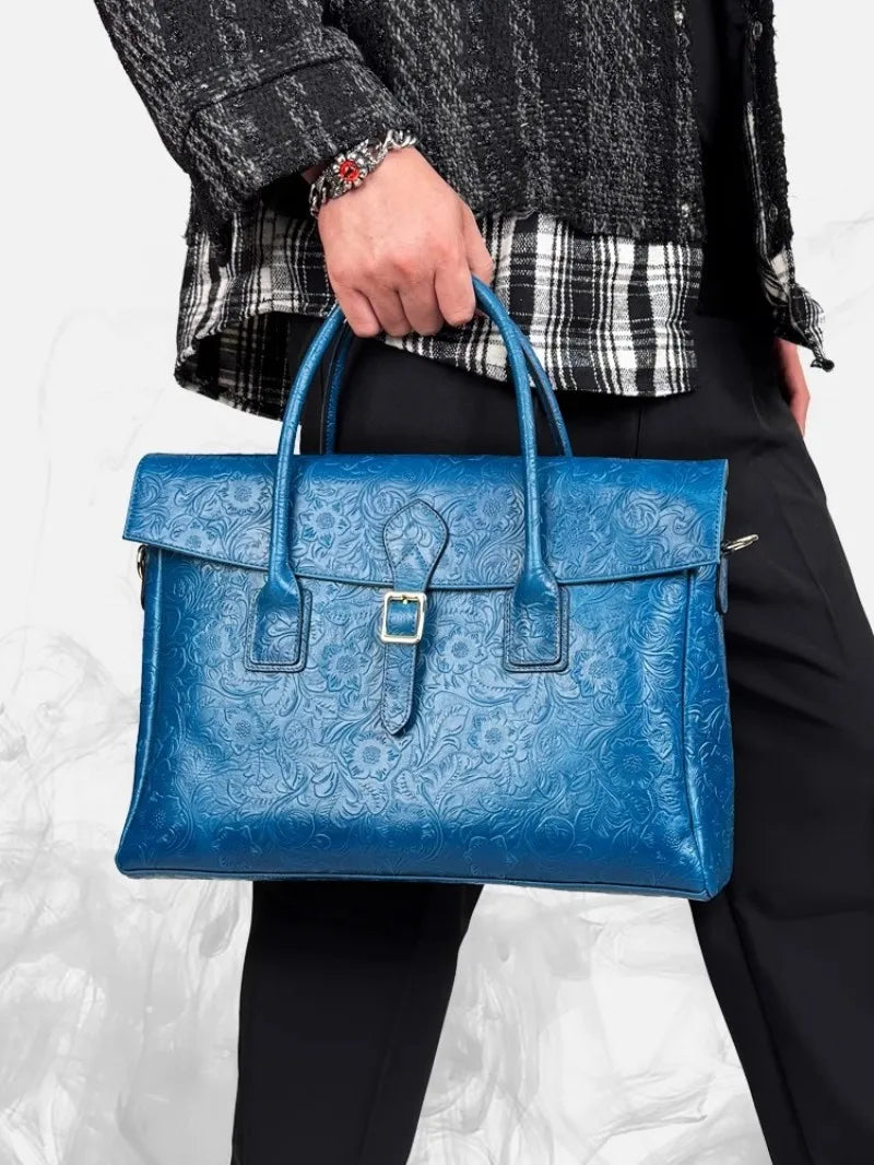 Vintage flower carved leather bag  single shoulder briefcase & business satchel