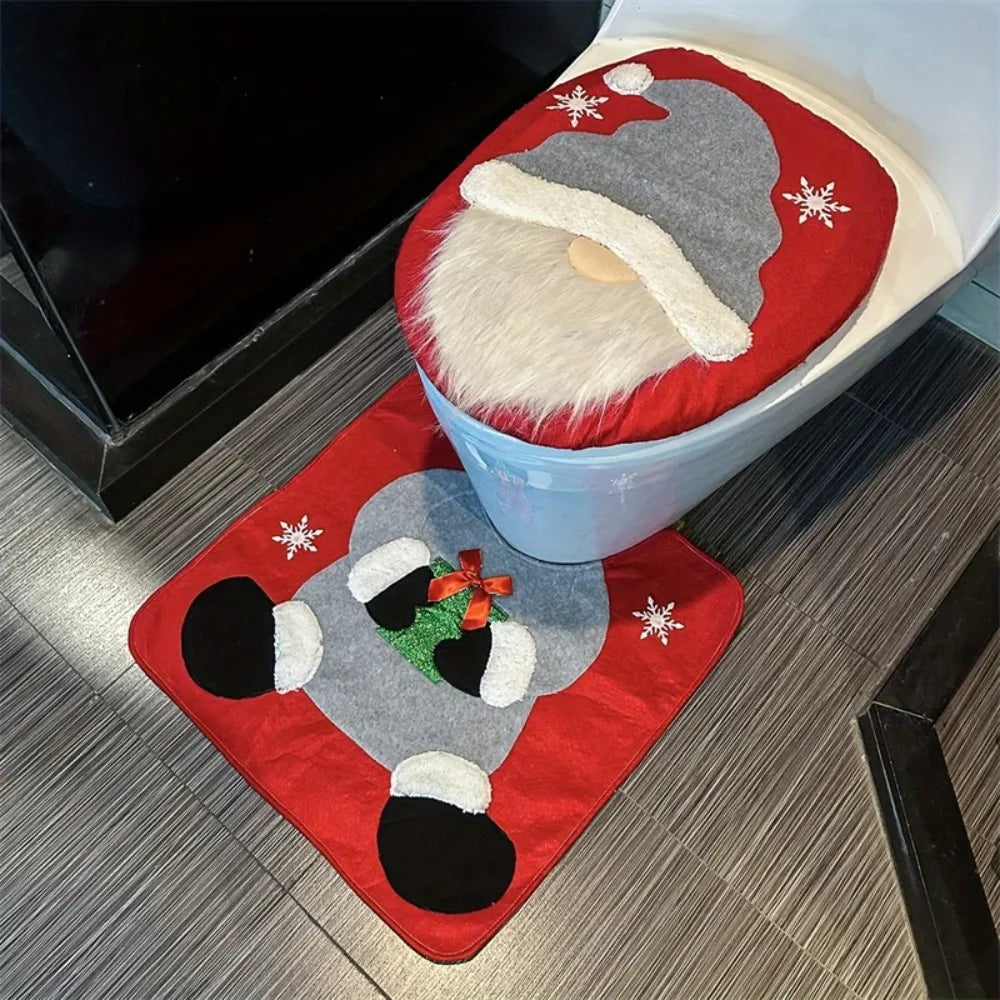 Santa Toilet Seat Cover Set 2PC, Christmas Bathroom Decor Santa on The Toilet Seat Cover and Mat for Xmas