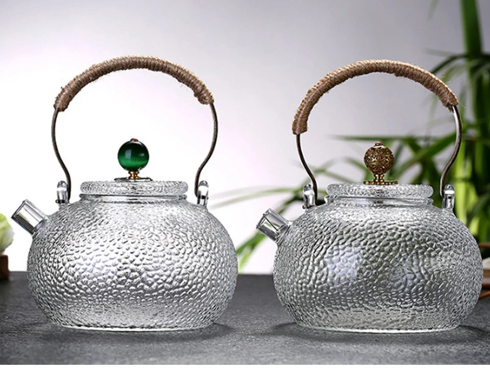 Ceainic de sticlă rezistent la temperaturi ridicate, set de ceai, ceainic de flori cu textură ciocănită manual, cu mâner pentru a face ceainic Gaiwan Pu Erh