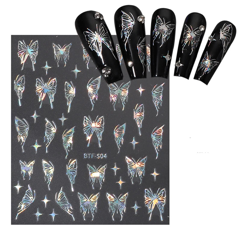 Mix 3 Sheets 3D Stickers for Nails Gold Sliver Rose Gold Laser Butterfly Moon Sun Adhesive Sliders DIY Nail Art Accessories