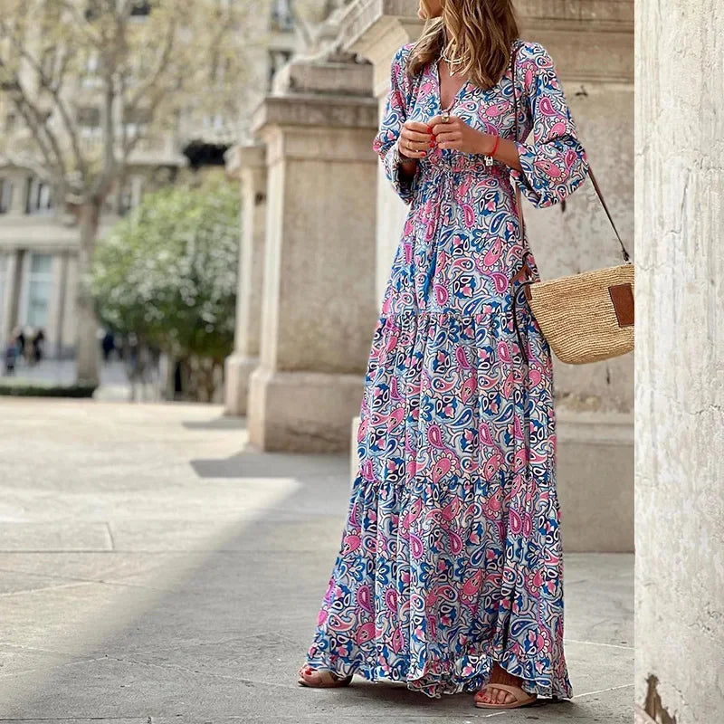 Elegant Women's Flower Long Dresses 2025 Spring New Bohemian Printed Dress Abıye Kadın Abiye Платье Robe Ete Femme Vestidos
