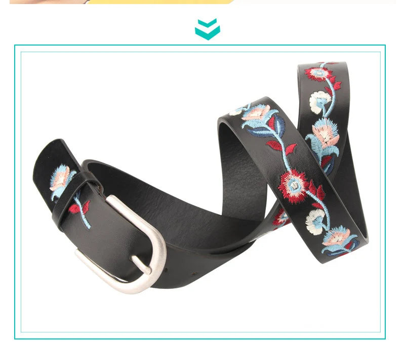 Curea din piele pentru femei, cu flori brodate, la modă, casual, design de lux, simplă, versatilă, pentru blugi, gotic, retro, cu cataramă cu știft, nouă