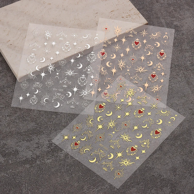 Mix 3 Sheets 3D Stickers for Nails Gold Sliver Rose Gold Laser Butterfly Moon Sun Adhesive Sliders DIY Nail Art Accessories