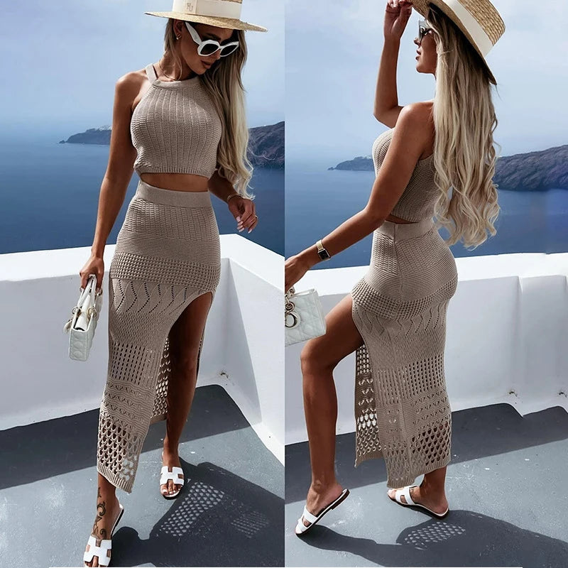 Strandmode Frauen Sommer Kleid: Bohemian Young Style Solid Spandex - Split Rock Zweiteilig Strand Cover-Up Urlaub Outfits