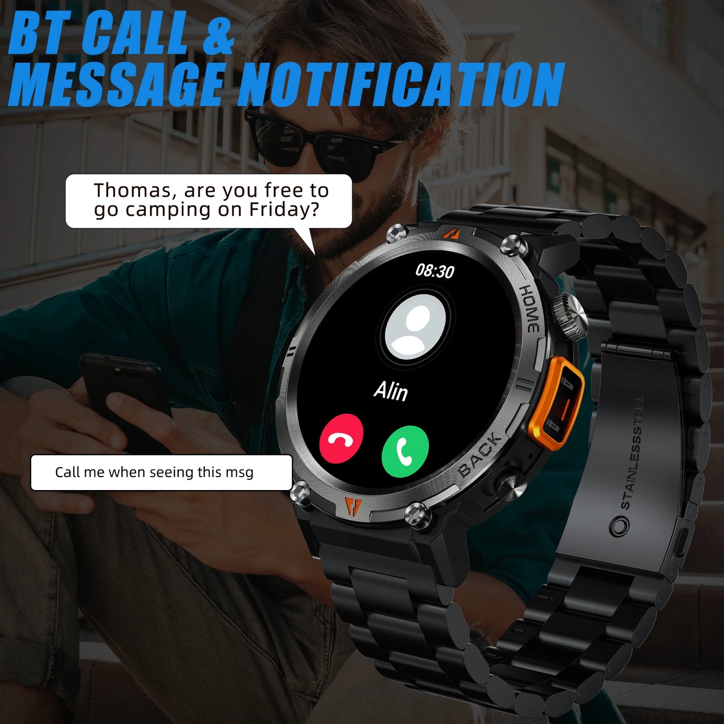 LaNikar 2025 KE3 Smartwatch - Bluetooth Anruf Herren Vollbild Touchscreen Gesundheitsmonitor Stahlring