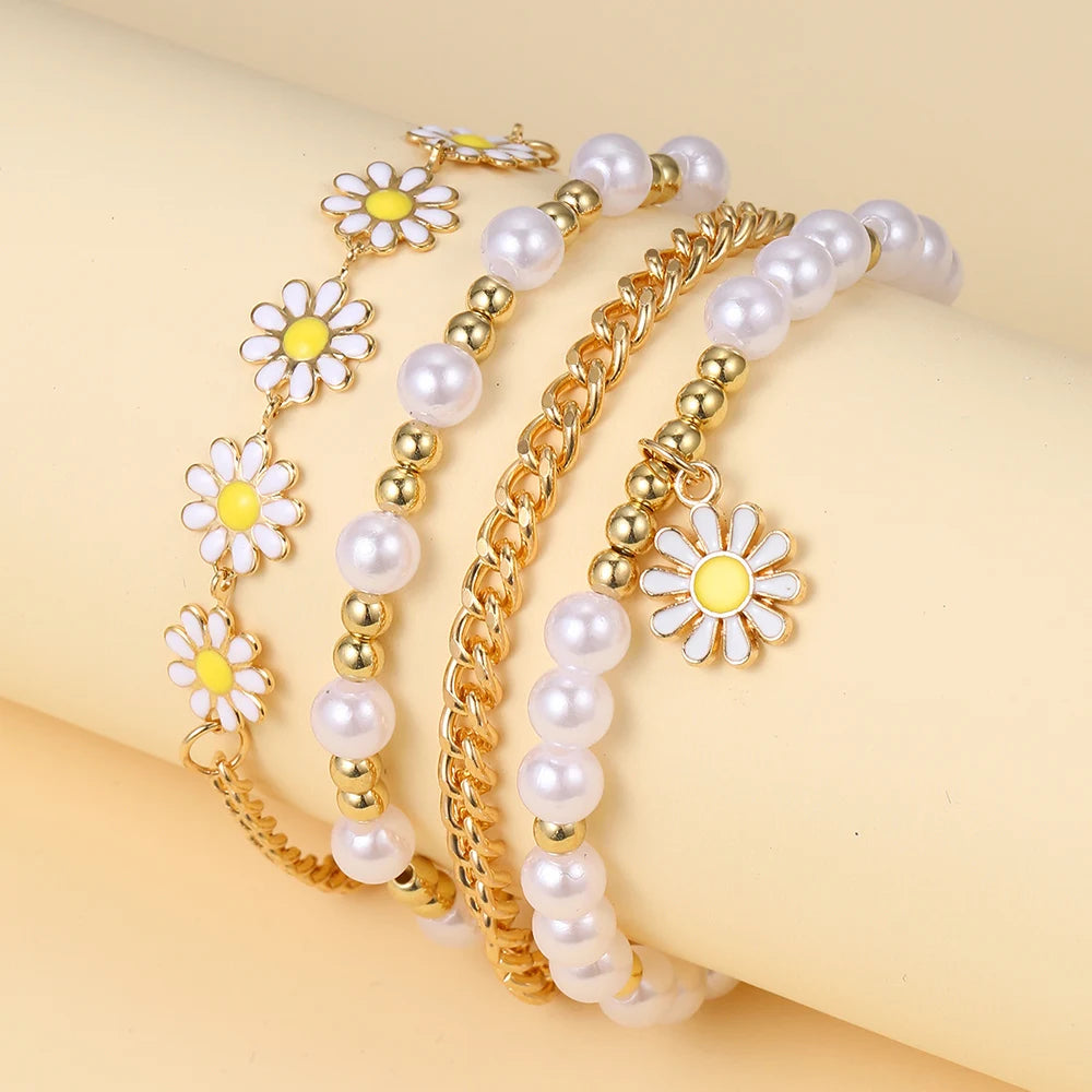 17KMCN Daisy Armband Set Boho - 4 Stück Perlen Emaille