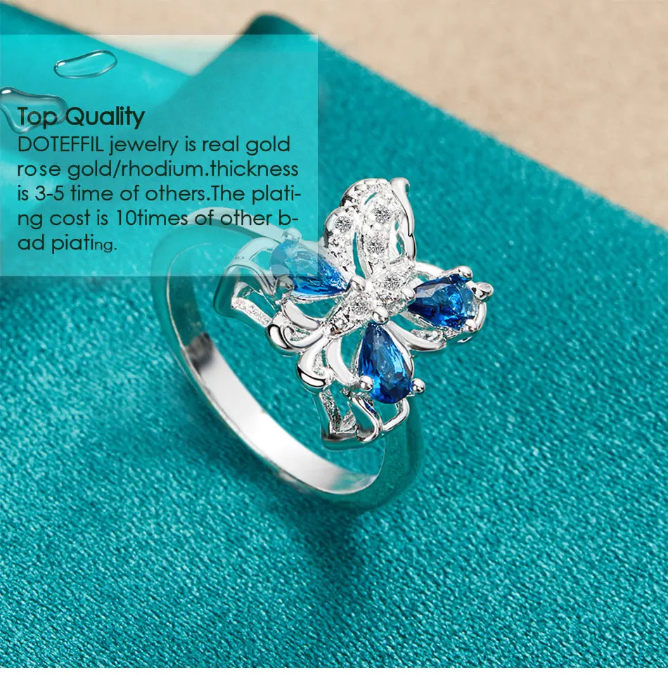 DOTEFFIL 925 Sterling Silver Blue AAA Zircon Fluture Inel Pentru Femei Moda Nuntă Logodnă Petrecere Cadou Charm Bijuterii