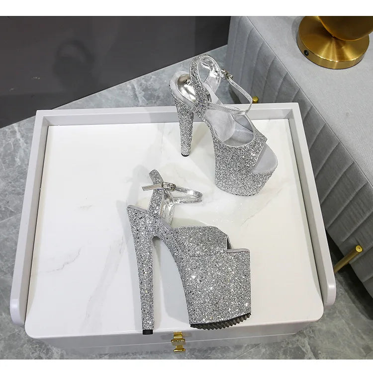 elegant woman shoes with High Heels 20CM Sequined Cloth Platform Modern Sandals Stripper Shoes Red Wedding Women Shoes Pumps