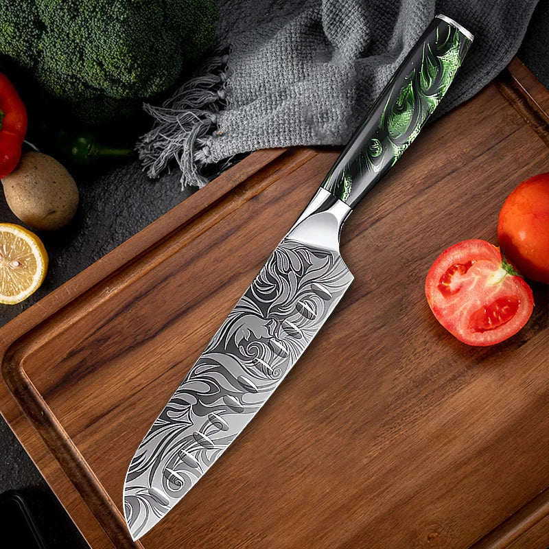 Super Sharp Damascus Pattern Kitchen Knife Set High Quality Chef Santoku Boning Paring Knife Series Green Resin Handle Nice Gift