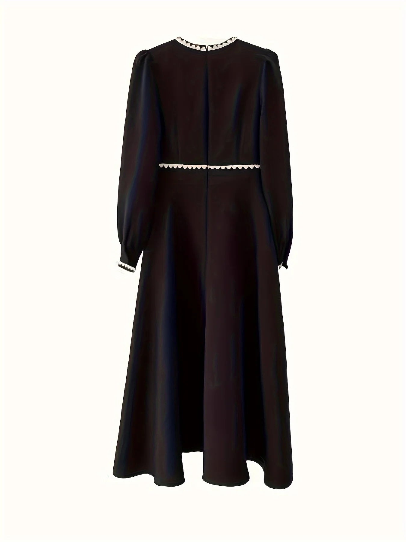 [Elegant V Neck Dress] Elegant V Neck A-line Contrast Trim Cuff Sleeve Button Dress - Women's Clothing for Spring & Fall