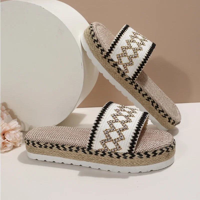 Gewebte Damen Pantoletten Platform - Sommer Schuhe für Damen 2025 Neu - Strand Casual Absatz Sandalen Bohemian Handgemacht Espadrilles