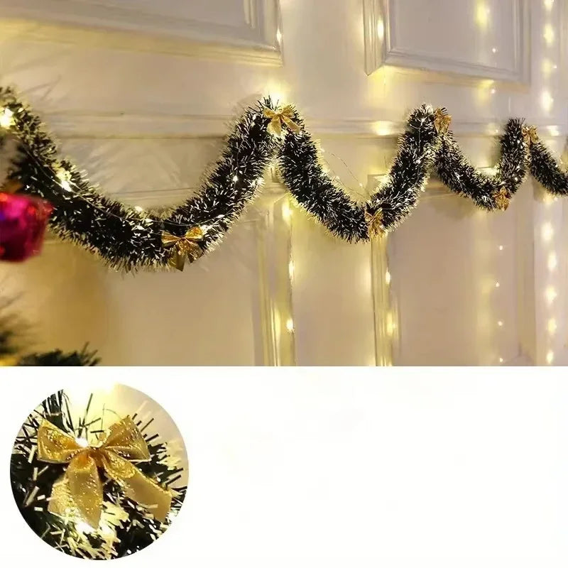 Weihnachts-Lametta-Girlande, künstliche Weihnachtsgirlande mit LED-Leuchten, Weihnachts-Metallic-Twist-Hängegirlande, Kamin, 2 m