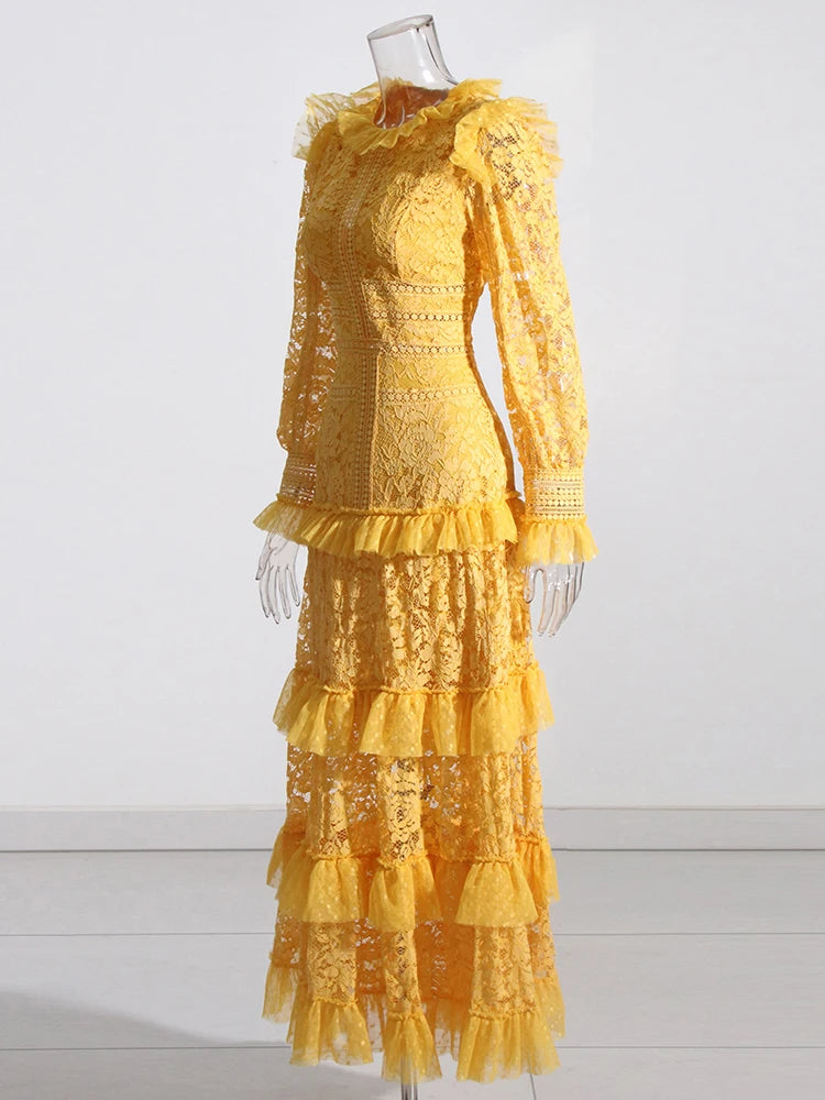 TWOTWINSTYLE Elegant Dresses For Women Stand Collar Long Sleeve High Waist Embroidery Slim Dress Female Fashion Clothing 2023