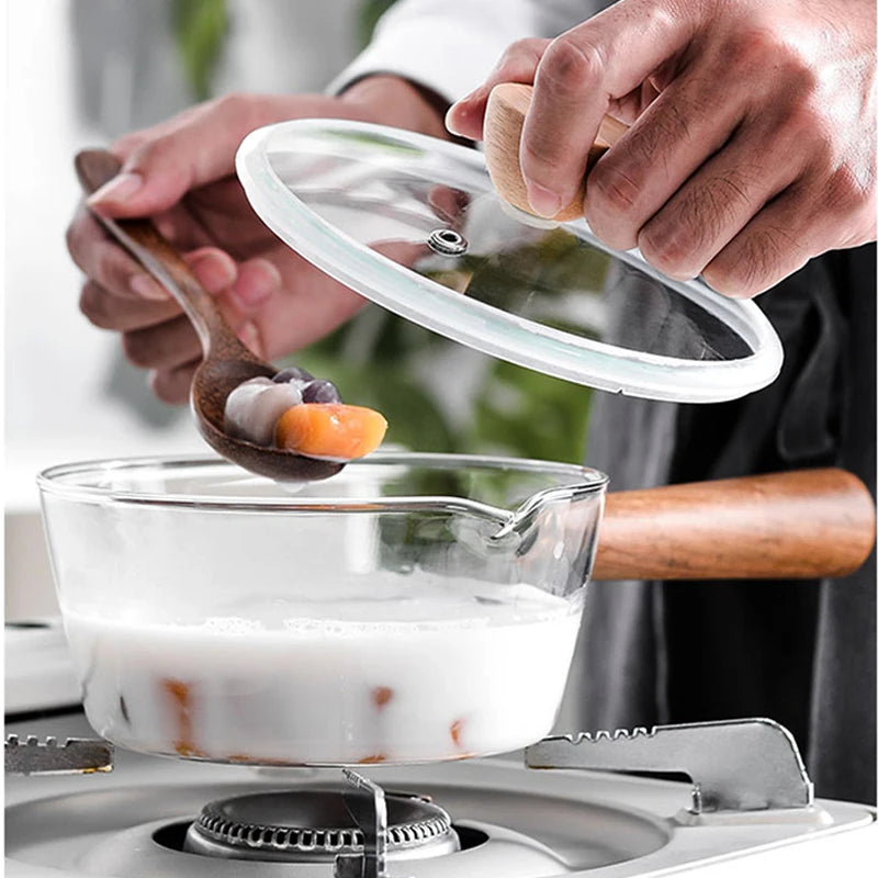 YWDL Milchtopf Glas Holzgriff - 450/650ml Antihaft Herd