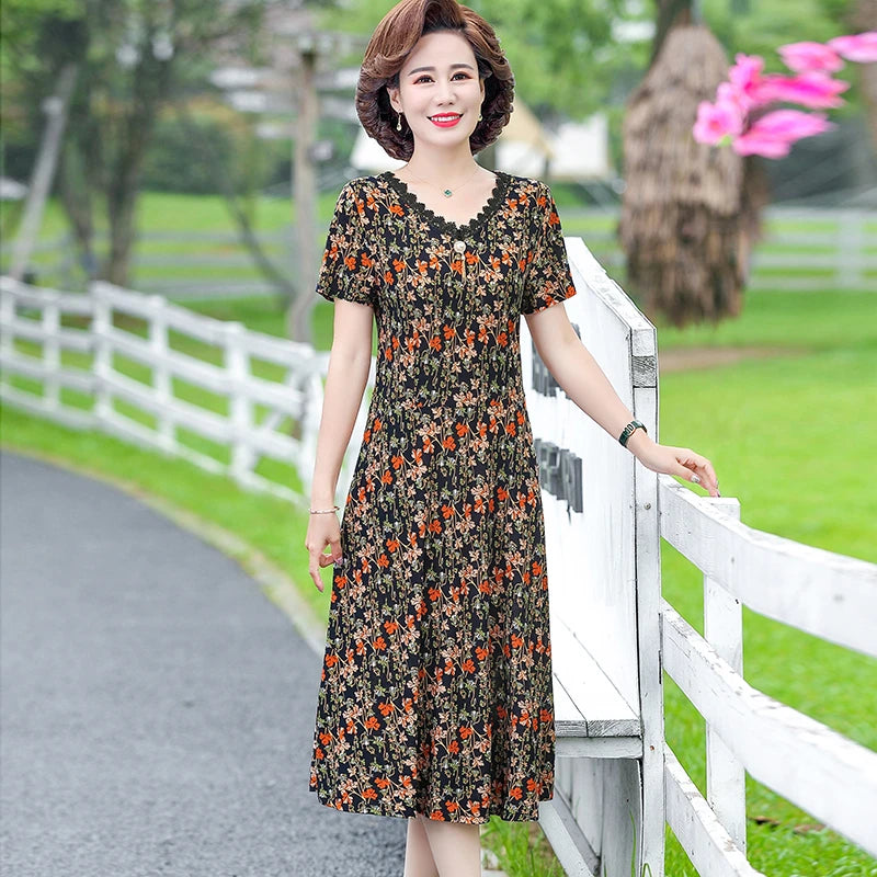 Elegant Women Dress Elegant Casual V-Neck Print Vintage Ladies Mid-Calf High Waist Summer Bohemian Dresses