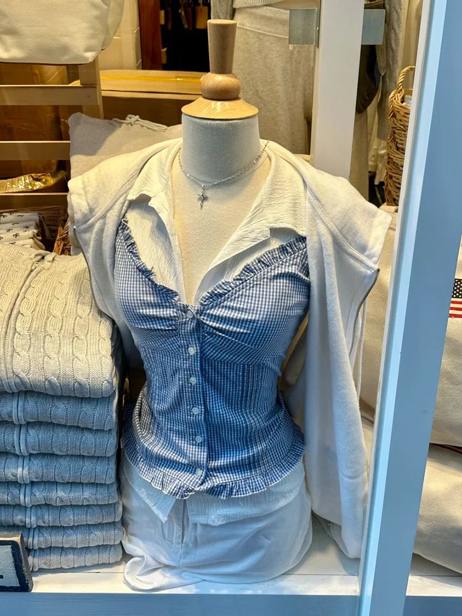 Blue Plaid Ruffles T-shirt Women Summer Folds V-neck Single Breasted Short Sleeve Tee Shirts Sweet Girls Cotton Slim Crop Top