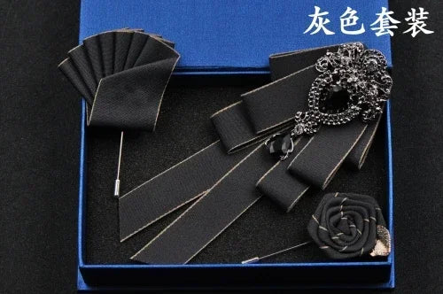 Fashion Handmade Bow Tie Wedding Collar Luxury Rhinestone Bowtie Necktie Brooch Pocket Towel Square Set Gift for Men Accessories
