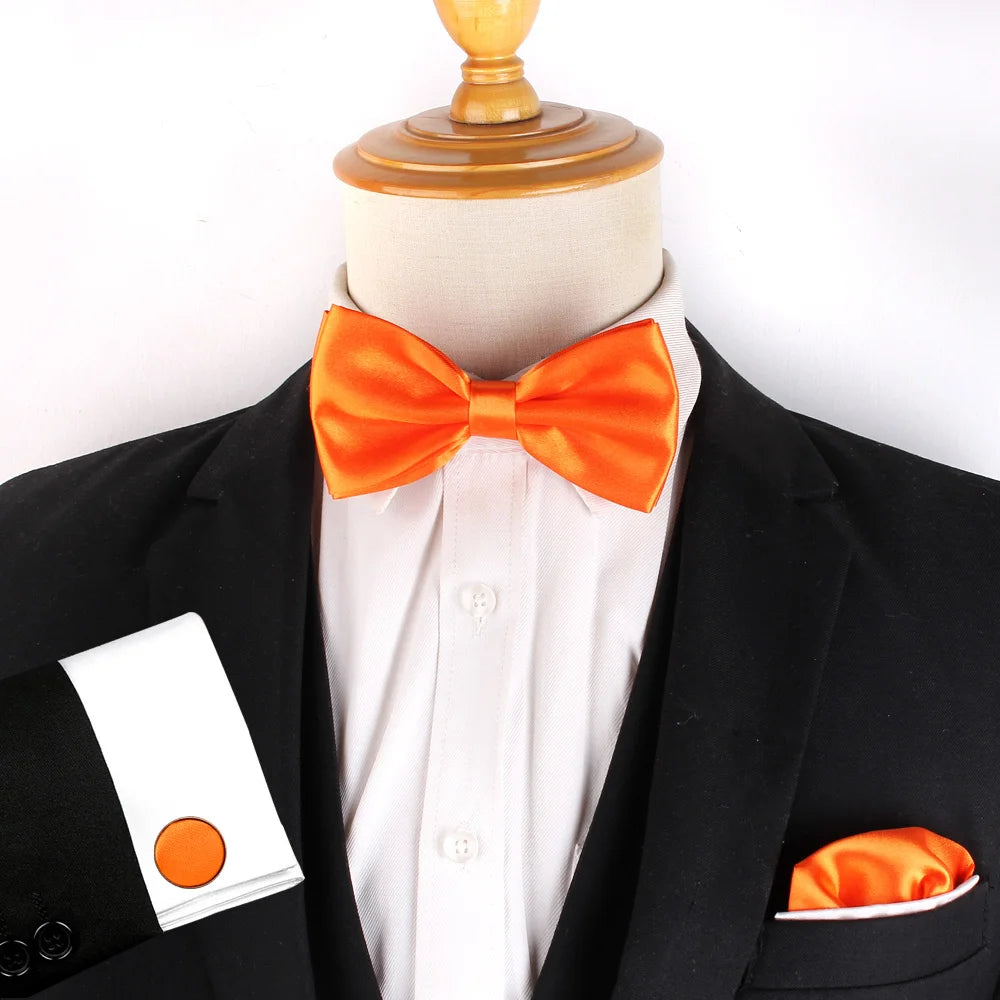 Solid Colors Polyester Adjustable Men's Accessory Set Elegant Pre-Tied Bow Tie Matching Pocket Square & Cufflinks for Wedding
