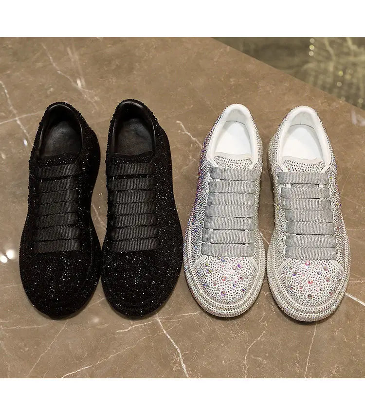 New Brand Women Fashion Casual Glitter Sparkling Sneakers Women Encrusted Lace Up Shoes White Sole Fashion Street Sneakers Shiny