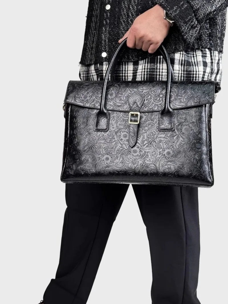 Vintage flower carved leather bag  single shoulder briefcase & business satchel