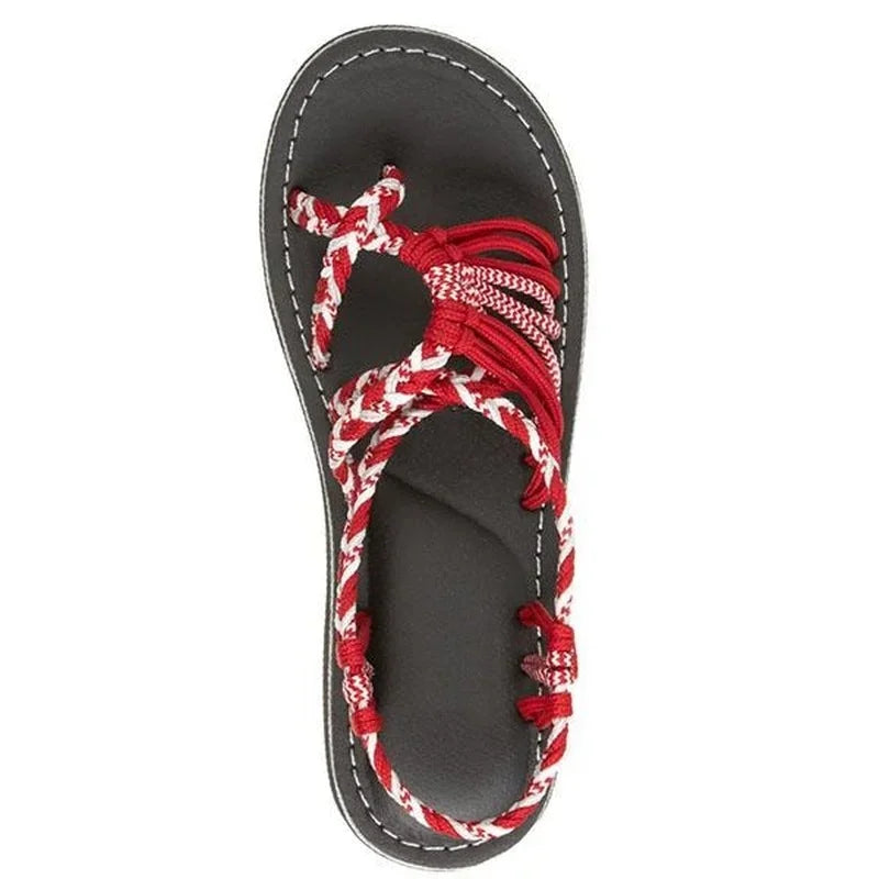 Women Summer Flip Flop Sandals Shoes Mixed Color Matching Rope Knot Beach Toe Roman Sandals Casual Comfortable Plus Size Shoes