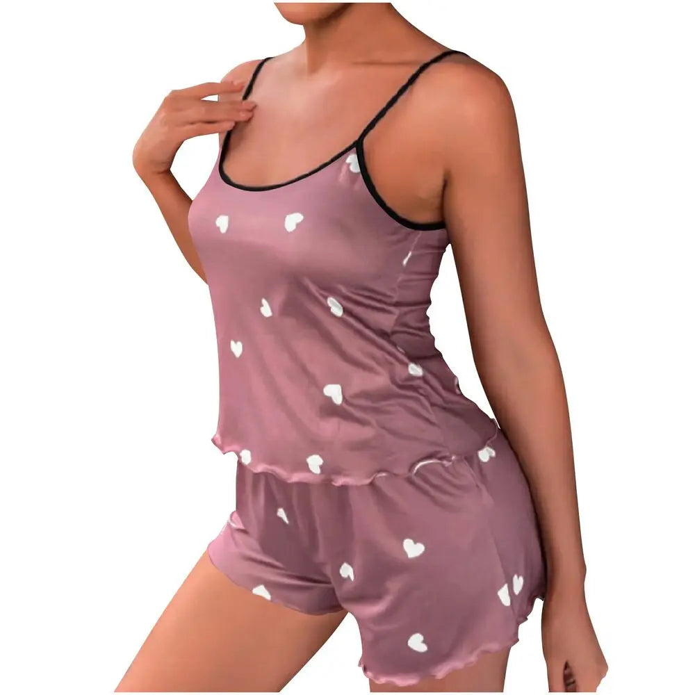 Damen Sommer Pyjama Set 2025 - Ärmelloses Cami & Shorts mit Herz-Print