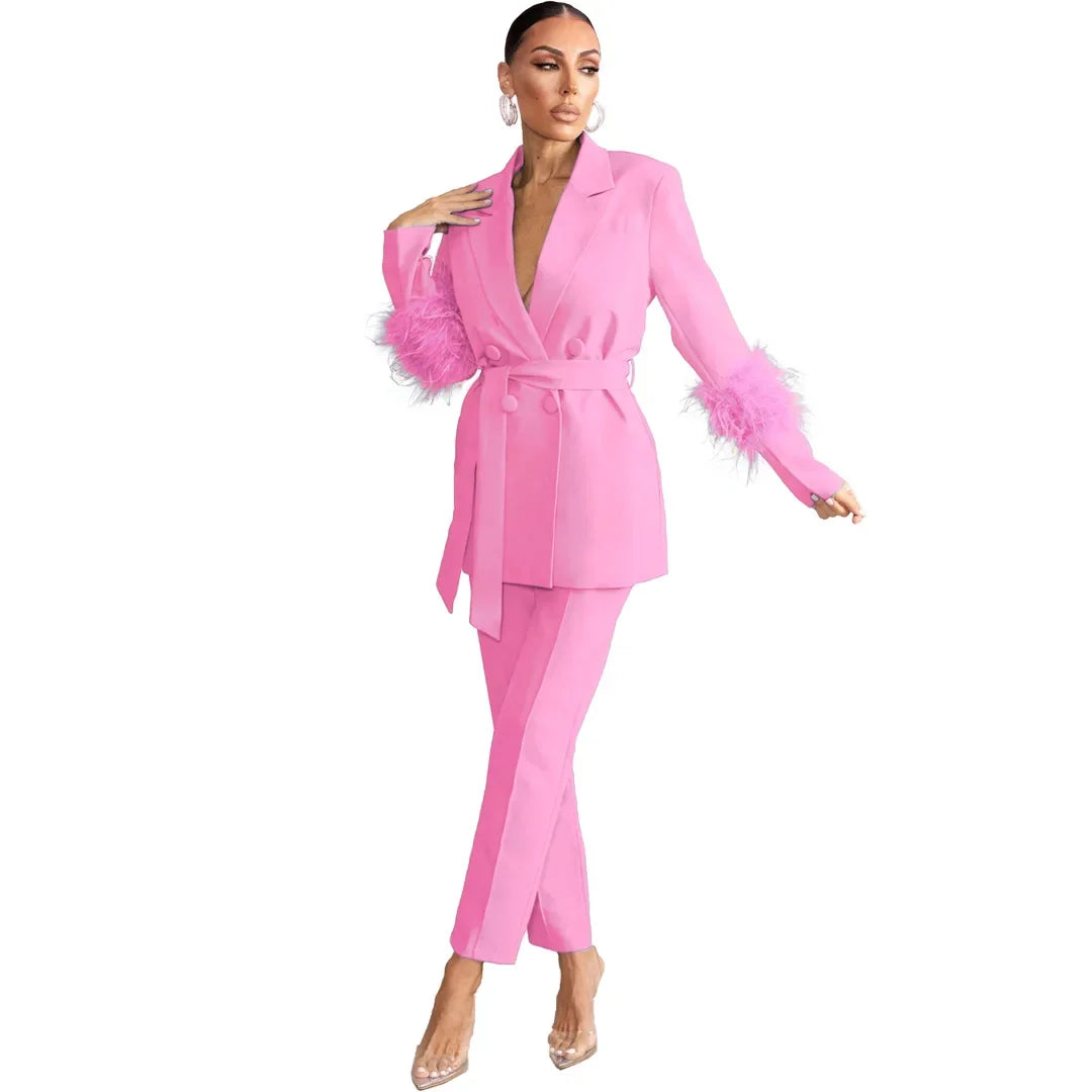 Elegant Women 2 Piece Set Solid Notched Neck Blazer Zipper Long Pants Feather Upright Coat Ladies Suit Fall Winter Office Wear