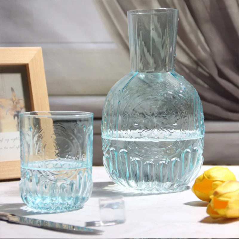Glass Embossed Cold Water Kettle Set, European Style, Vintage Water Cooler, Household Kettle, Five Piece Water Set