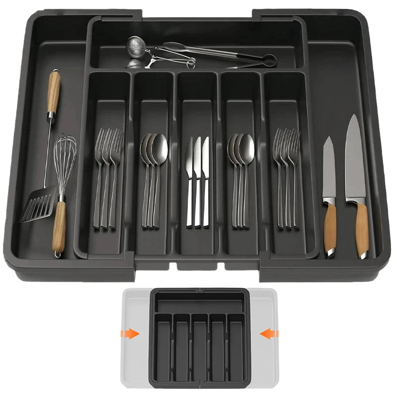 Verbessertes erweiterbares Besteck-Schubladentablett | Küchenutensilien-Organizer mit 6–8 Fächern | Besteck-Aufbewahrungsbox für Messer, Gabel, Löffel