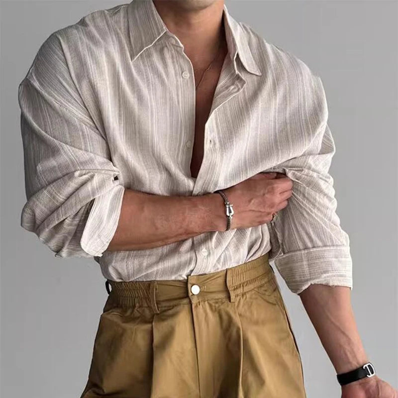 Cămașă cu dungi CN Guangdong, mânecă lungă, guler răsturnat - material de dimensiuni mari