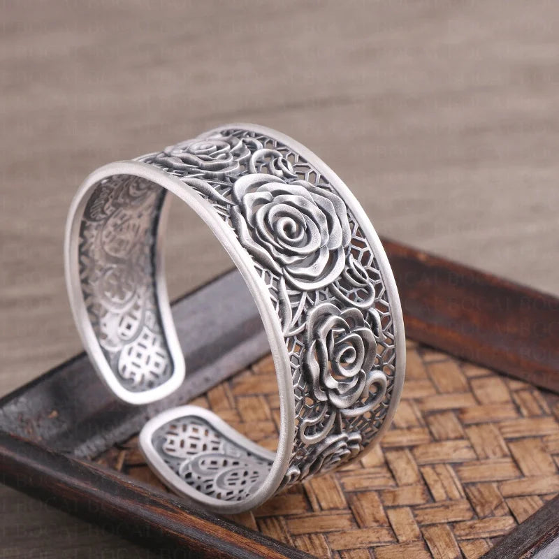 Handcrafted s999 sterling silver rose filigree bangle wide bracelet unique artisan design