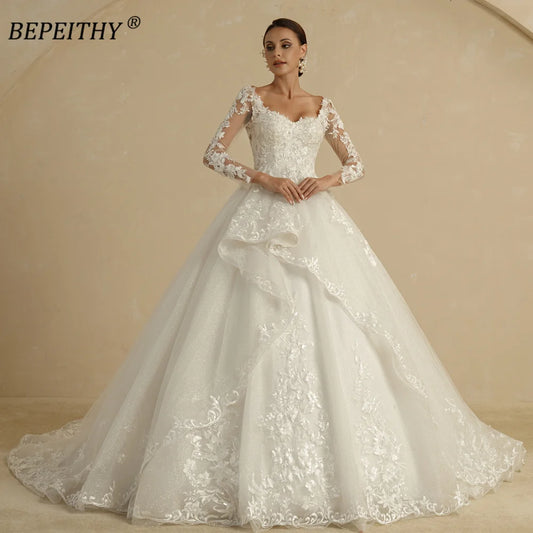 BEPEITHYCustomized Glitter Ball Gown Hochzeitskleid Full Sleeves For Women Bride 2022 Sweetheart Ruffle Skirt Shinny Bridal Dress