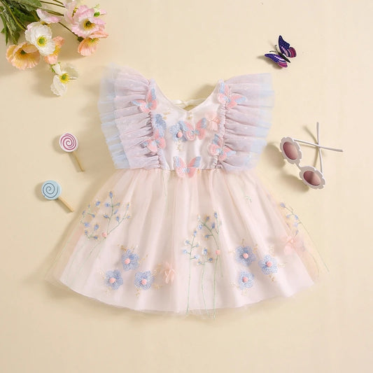 Toddler Kid Girls Dress Children Flower Butterfly Embroidery Fly Sleeve V-Neck Dress Summer Fashion Casual Princess Dress