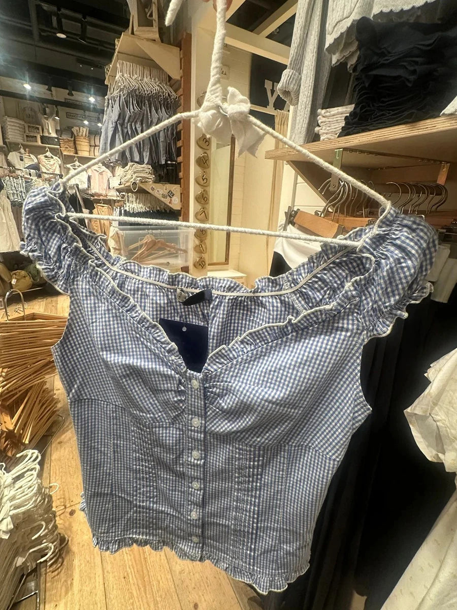 Blue Plaid Ruffles T-shirt Women Summer Folds V-neck Single Breasted Short Sleeve Tee Shirts Sweet Girls Cotton Slim Crop Top